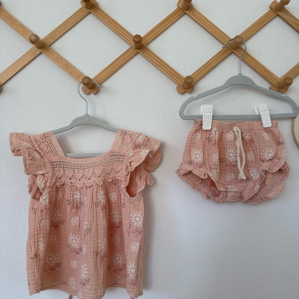 Girls Pink Floral Crochet Yoke Top & Bloomers Set